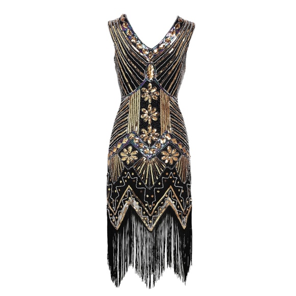 Black and Gold glass beaded Fringe Flapper Dress - Picture 6 of 8